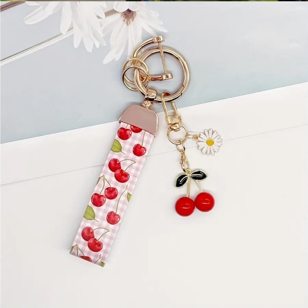 Cherry Printed Keychain with Cherries and a Daisy Charm